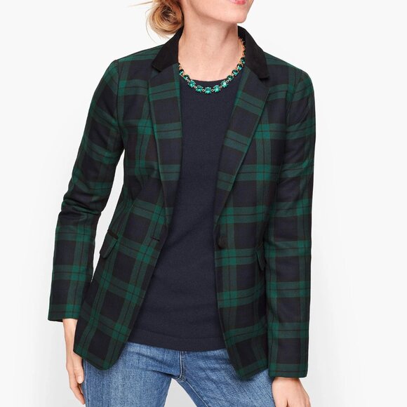 TALBOTS Women's Black Velvet Trim Watch Navy Green Plaid Blazer 10 NEW - Picture 1 of 10